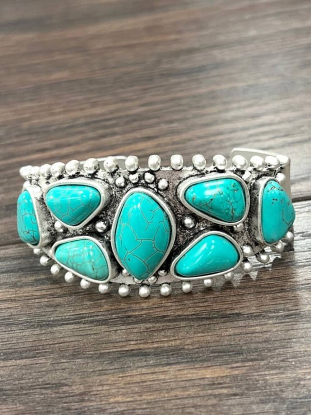 Turquoise Cluster Statement Cuff Bracelet Western Boho Silver Tone Bold